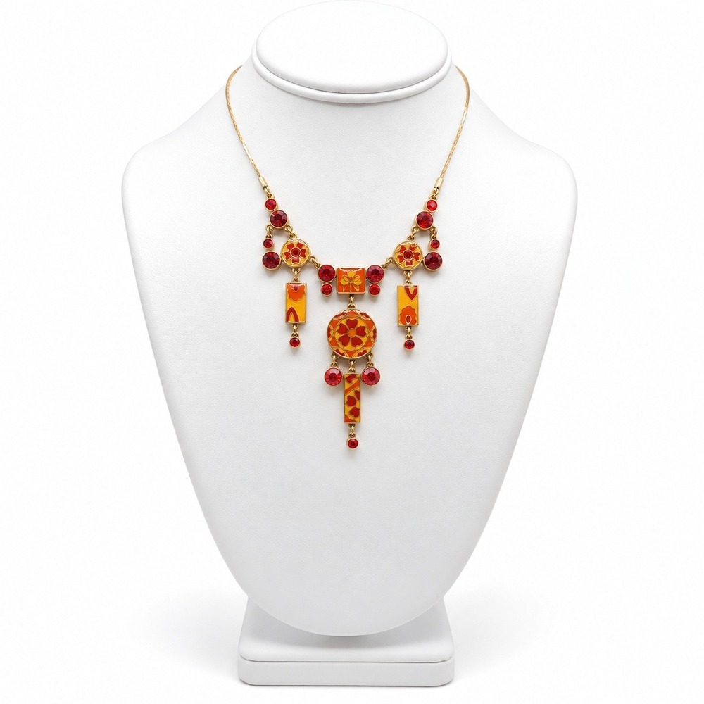 Pilgrim Enamel Fringe Necklace Gold Plated Swarovski Crystal Orange Red Boho NWT